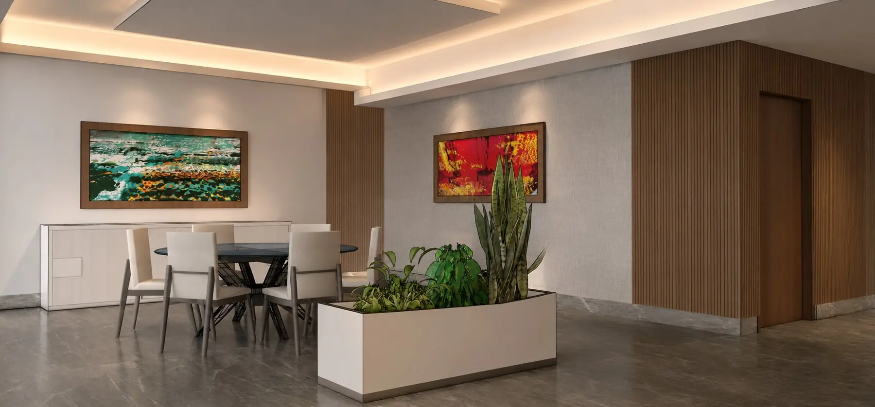 Comedor, vegetación interior y circulación — Empire Residence