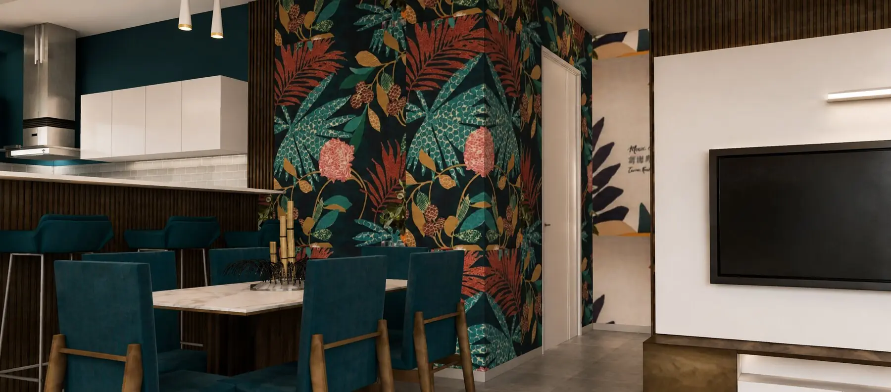 Comedor, cocina y panel gráfico — Lady Pollera