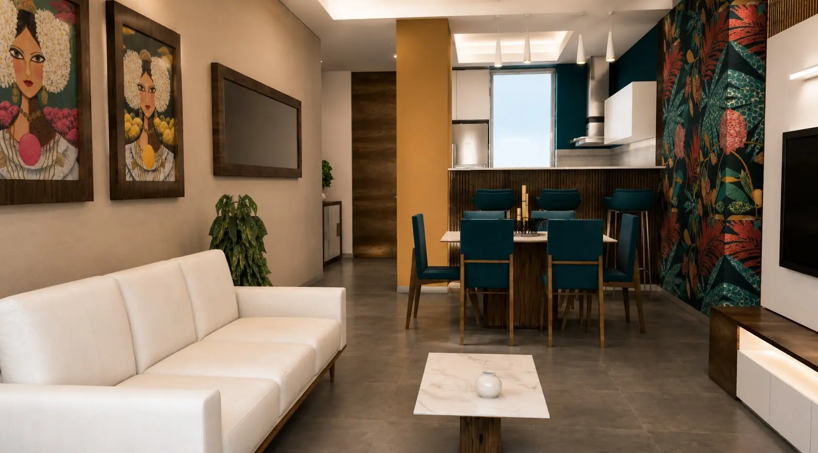 Salón y comedor de planta abierta — Lady Pollera