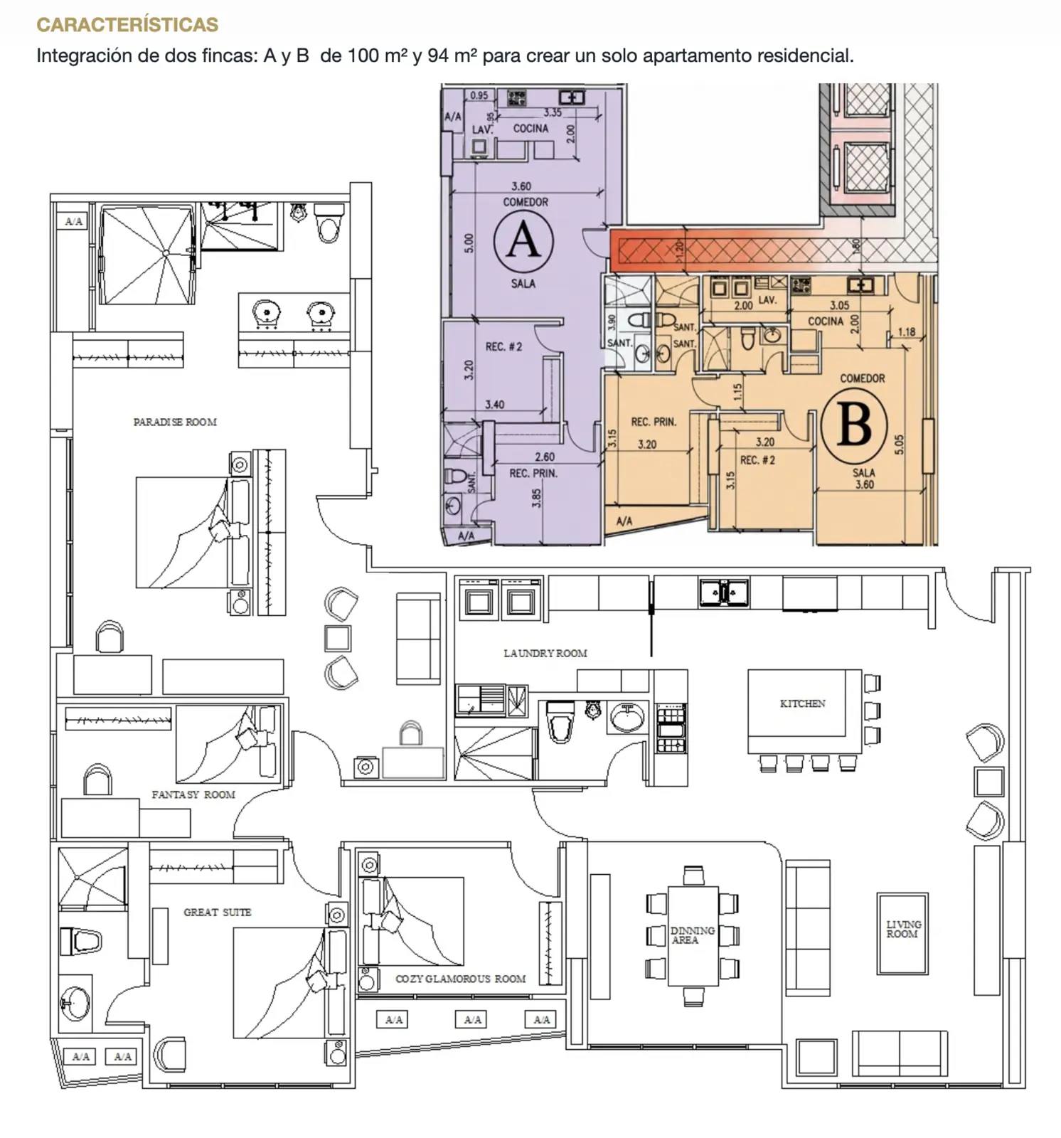 Plano de unificación de dos apartamentos.